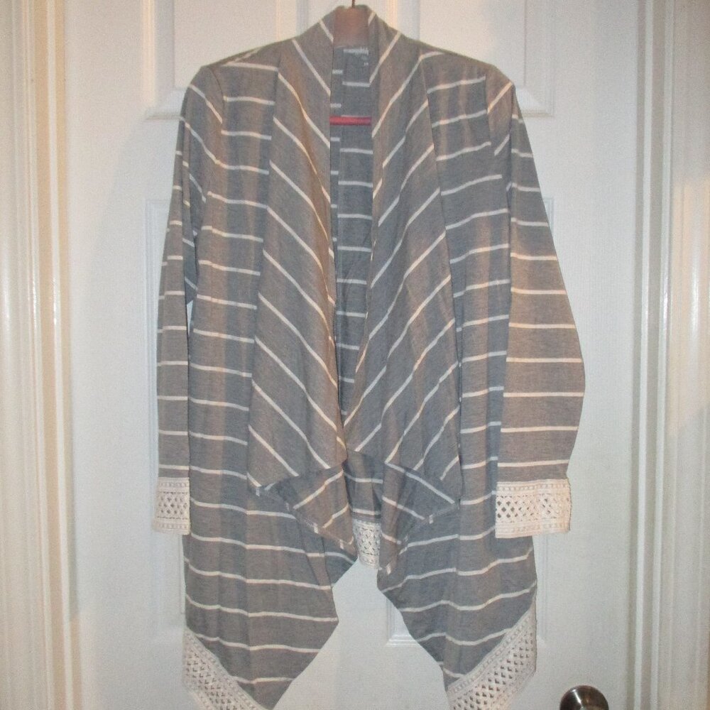 Tickled Teal Grey with White Stripes and Lace Asymmetrical Cardigan Medium